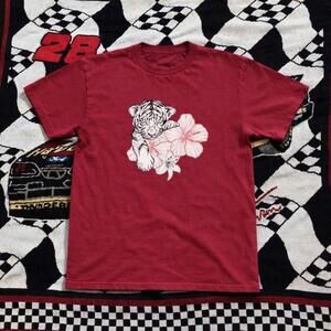 Red And White Graphic Tee With A Tiger Design